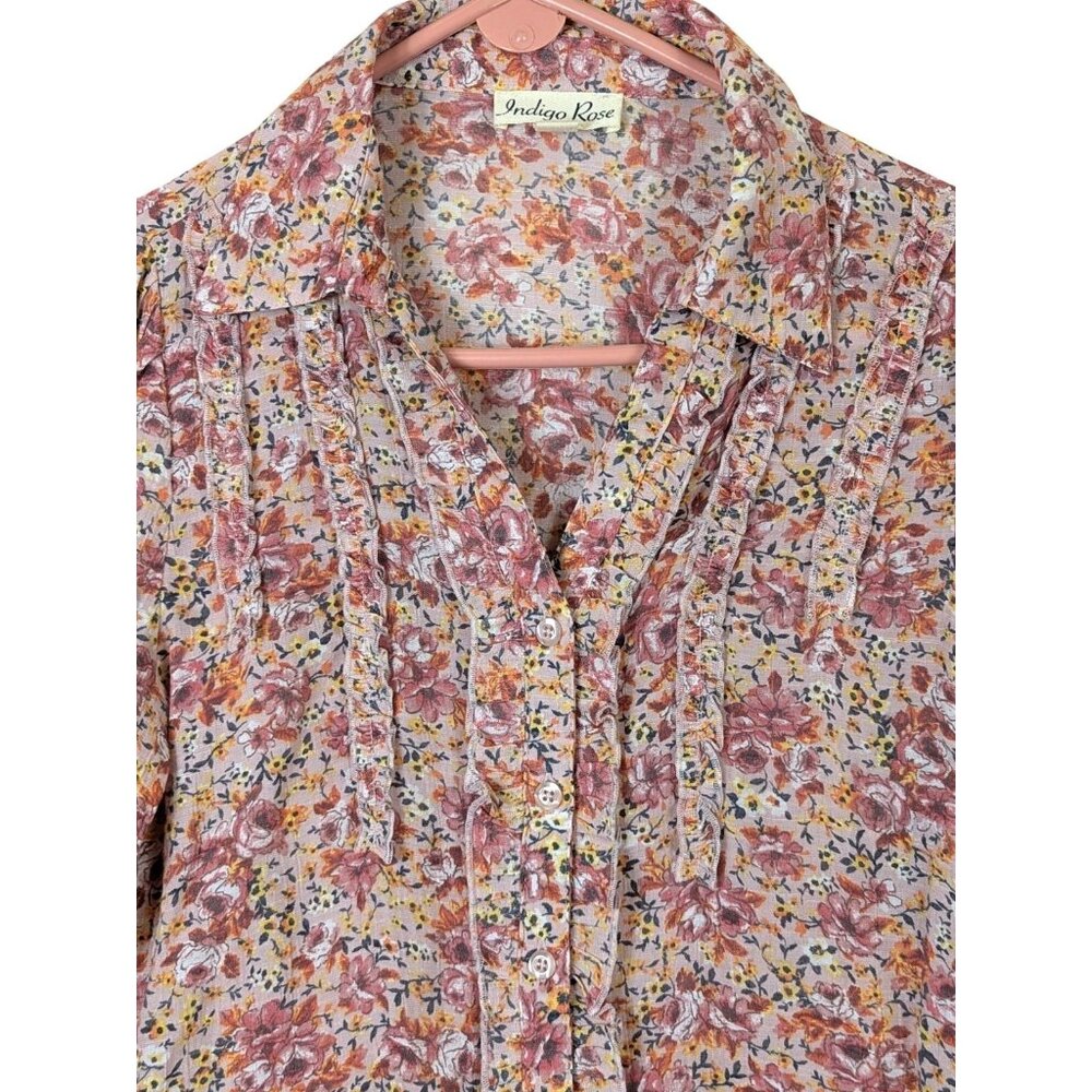 Indigo Rose Women size M Floral Button Up Ruffle Cottagecore Bohemian Top Soft - Picture 2 of 10